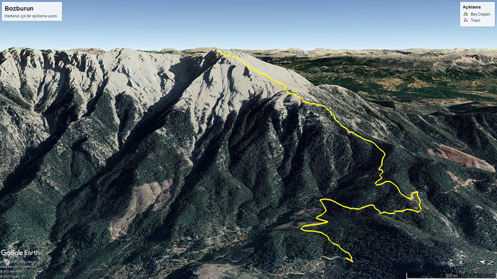 Bozburun Dağında takip ettiğimiz iniş ve çıkış rotası